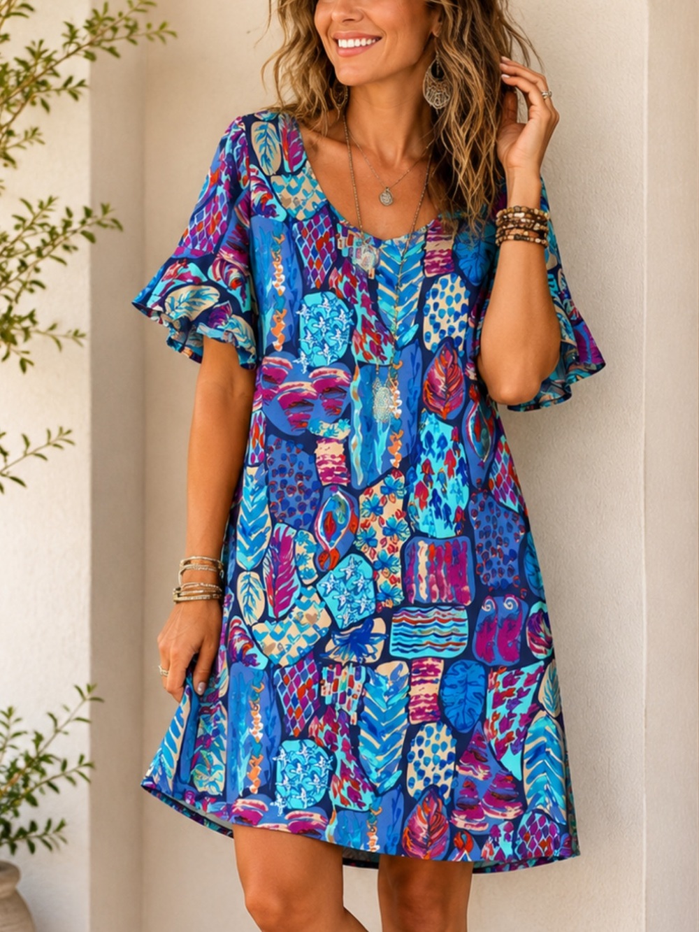 ARYEH Multicolor Sea Shell Print V-Neck Dress